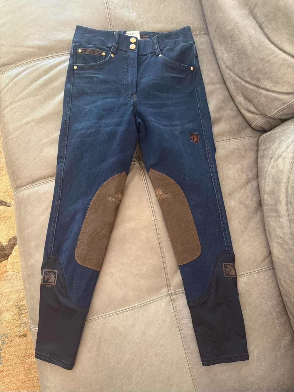 Romfh Dark Denim Riding Breeches with Brown Embroidery